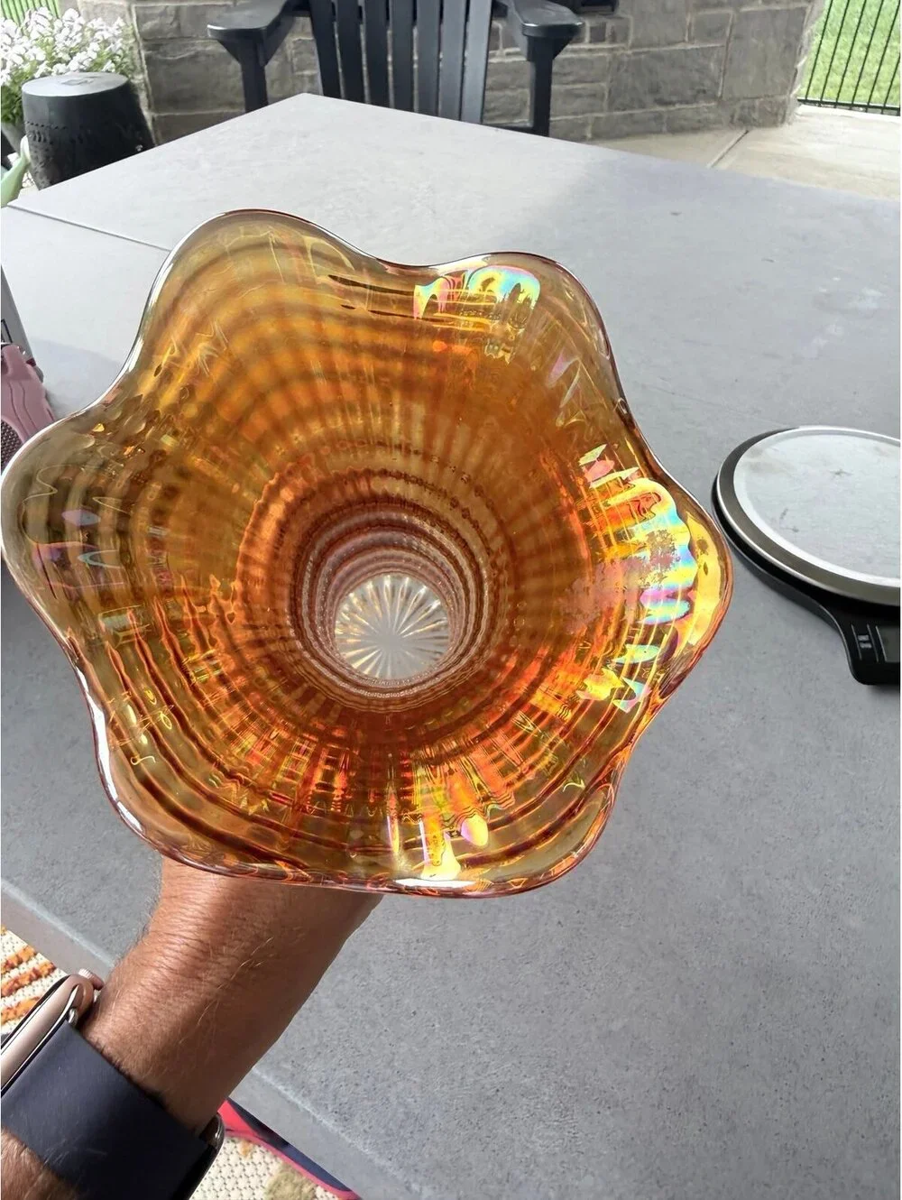 Vintage Marigold Carnival Glass Ribbed Ruffled Vase Iridescent Art Glass